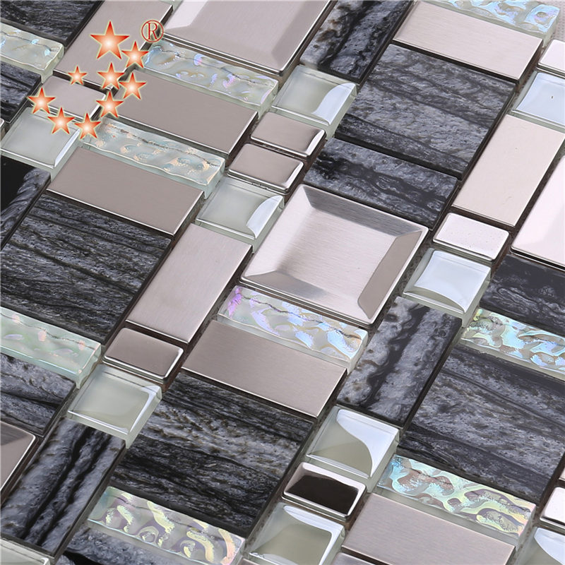 AE48 Byggemateriale Rustfrit Stål Mix Harpiks Crystal Glass Mosaic TIle Hjem Dekoration vægge