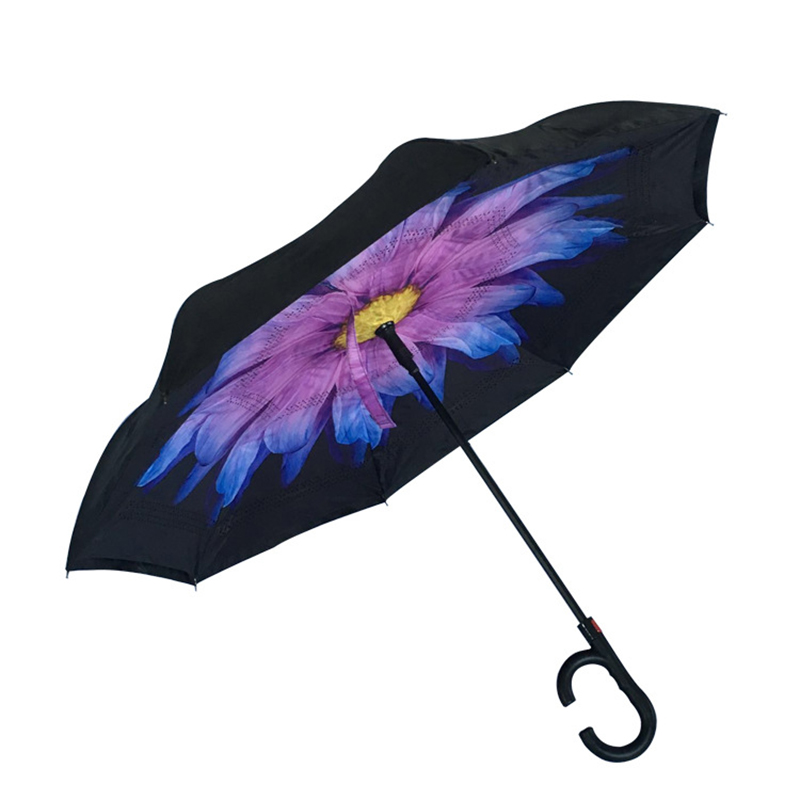 2019 Automatisk paraply åben Revers lige paraply med blomsterprint