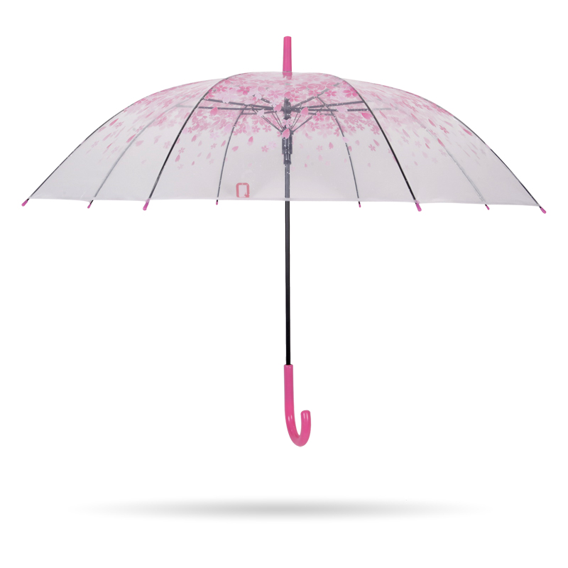 lyserød sakura 23 '' 8k auto åben plast J håndtag gennemsigtig poe lige paraply