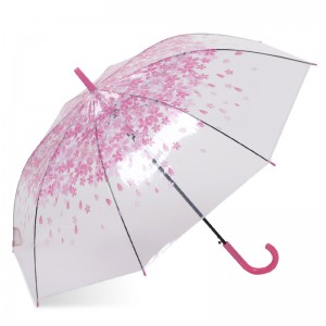lyserød sakura 23 '' 8k auto åben plast J håndtag gennemsigtig poe lige paraply