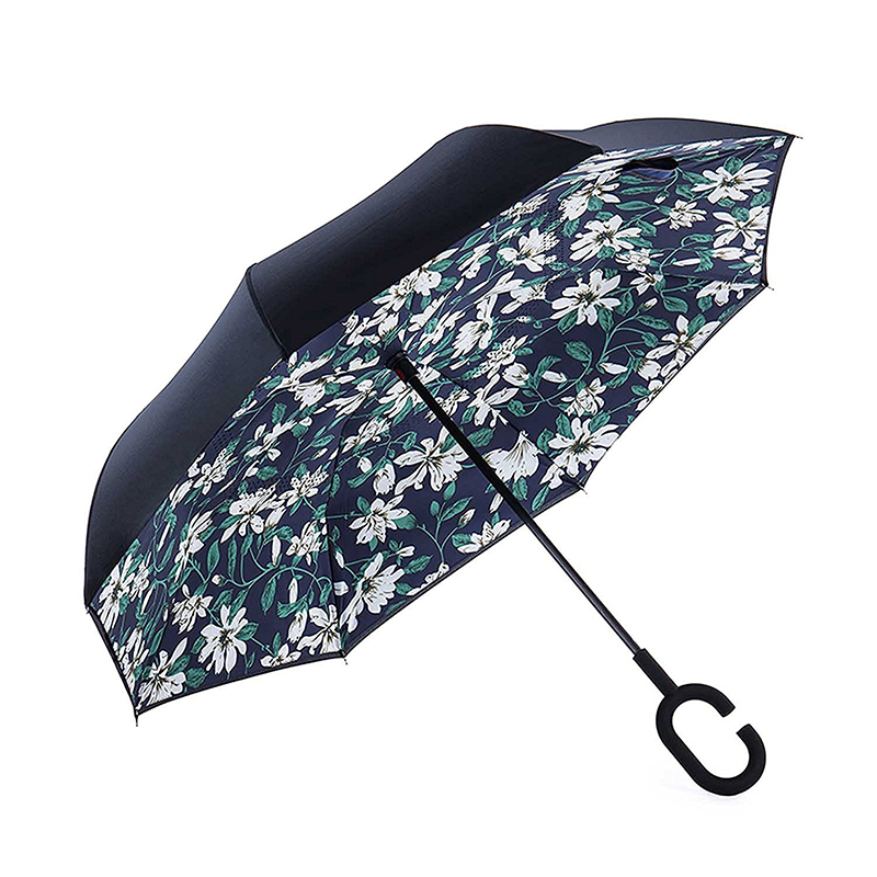 Regnparaply vindtæt med blomsterprint design omvendt paraply striaght