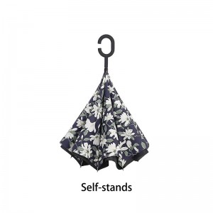 Regnparaply vindtæt med blomsterprint design omvendt paraply striaght