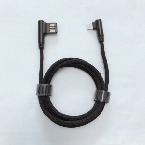 Dobbelt ansigt USB 2.0 Dobbelt højre vinkel Flettet hurtigopladning Rundt aluminiumshus USB-datakabel til mikro USB, Type C, iPhone lynafladning og synk