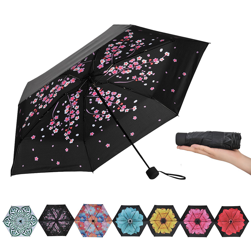 Populær solbeskyttelse indre blomsterprint 5 fold mini paraply