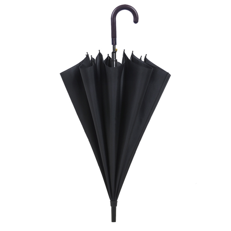Klassisk bedste salg sort pongee stof metal ramme plast kurve håndtag lige paraply