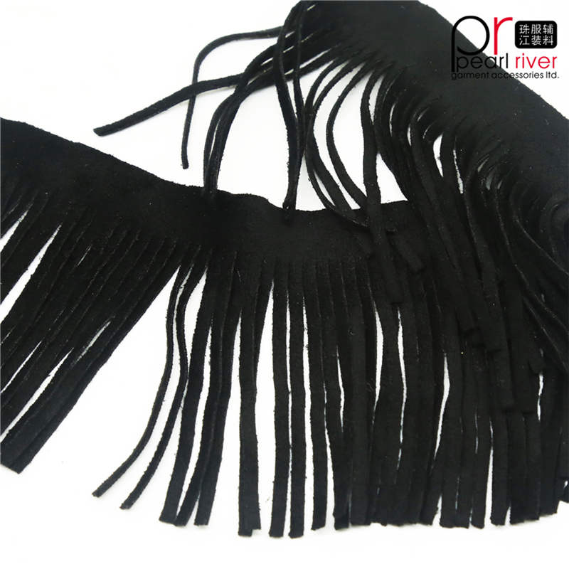 Hot Sale 20 cm sort farve Billig lang Kunstig læder ruskind Fringe trim