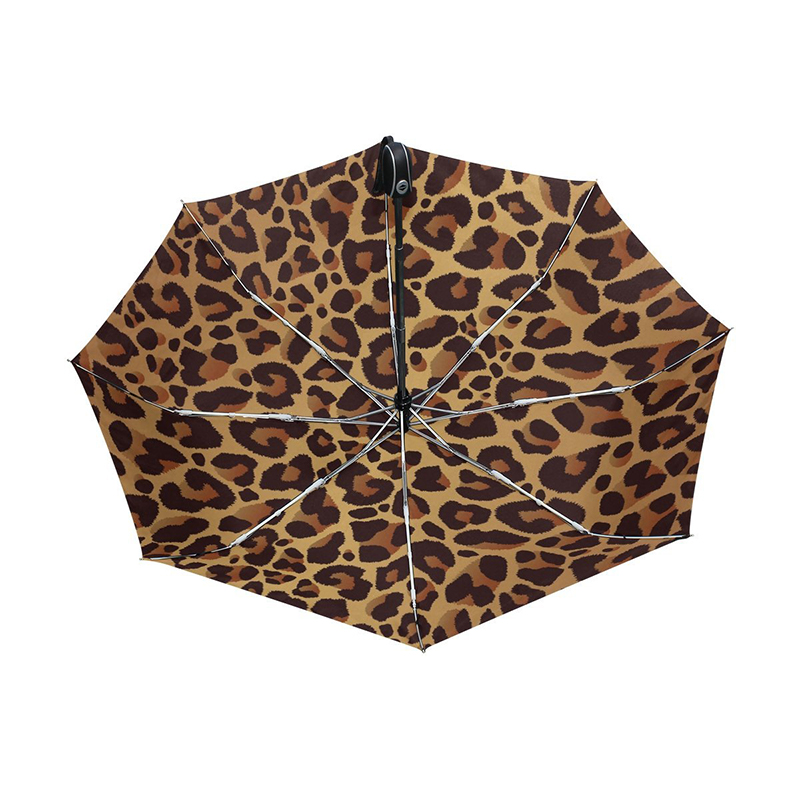 Leopardprint 2-delet glasfiber ribben vindtæt auto åben og luk 3 foldbar paraply