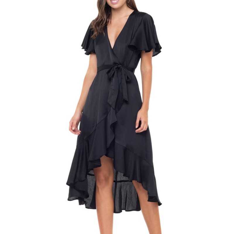 Kvinder sort dobbelt ruffle wrap lang kjole