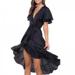 Kvinder sort dobbelt ruffle wrap lang kjole