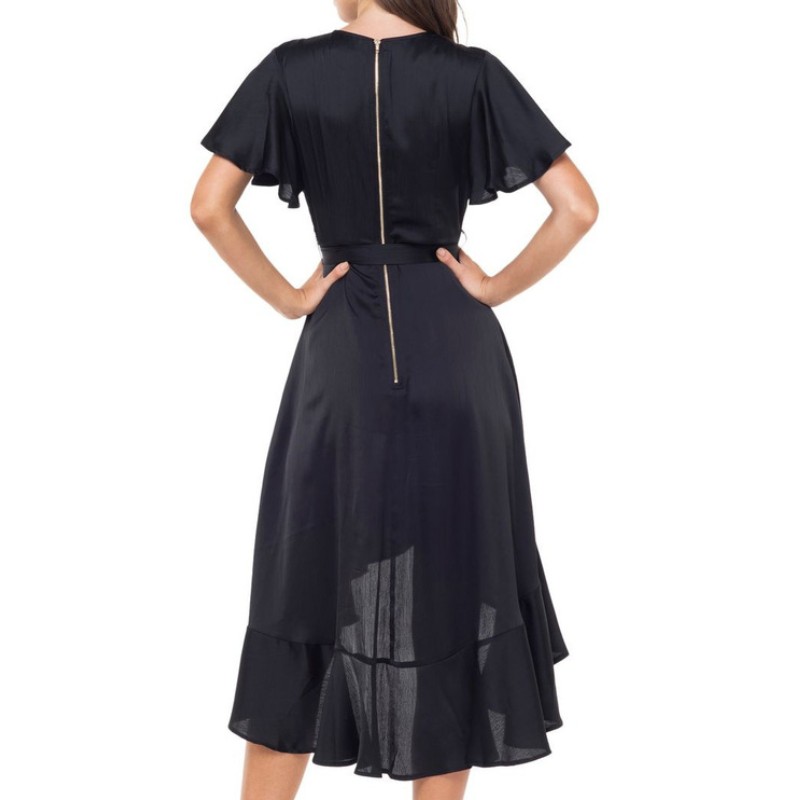Kvinder sort dobbelt ruffle wrap lang kjole