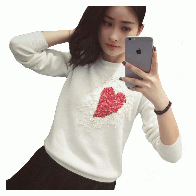 Damer Heavy Handwork Sequin Appliques Heart Strikket Sweater Pullover 2018