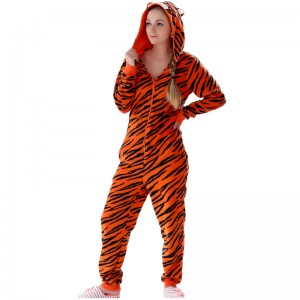 Kvinder Microfiber Fleece Hooded Tiger Onesie Pyjamasdragt