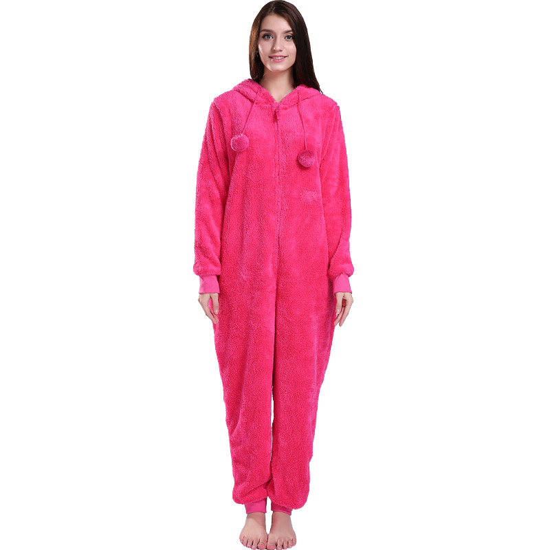Kvinder hot pink Onesie pyjamas med hætte med dyreører