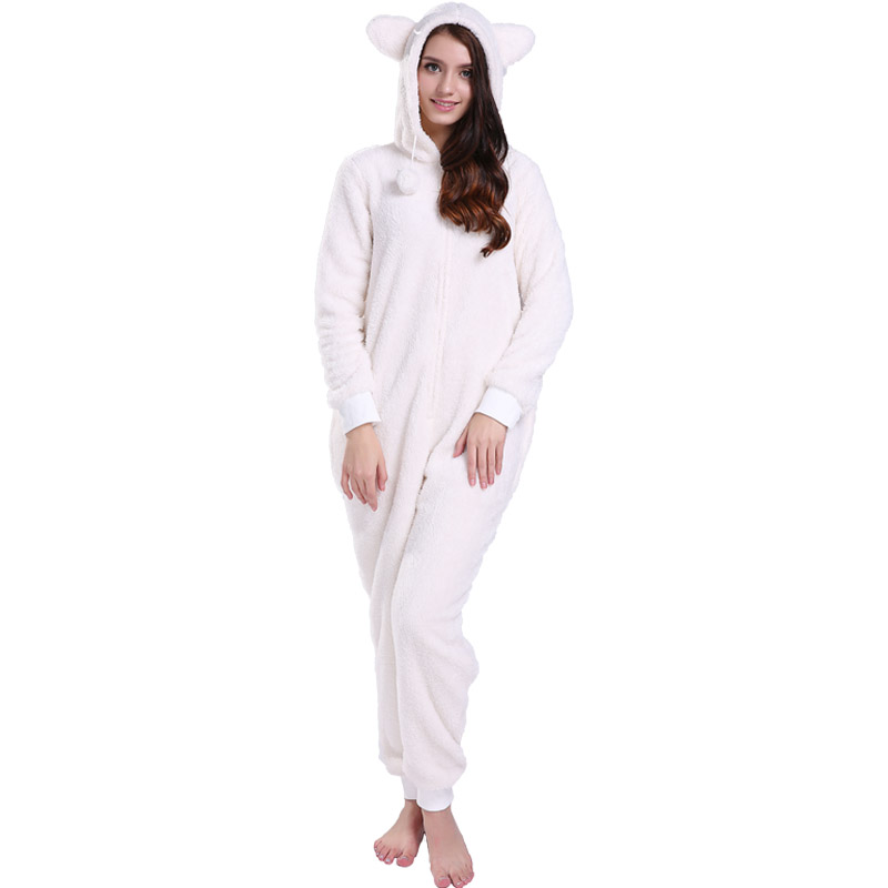 Kvinder Cream Onesie-pyjamas med hætte med dyreør