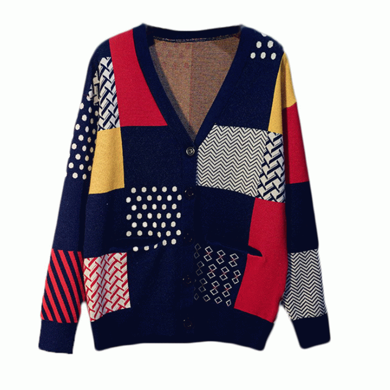 2019 Plus Størrelse Kontrastfarve Jacquard Winter Fall Ladies Cardigan Strik Sweater