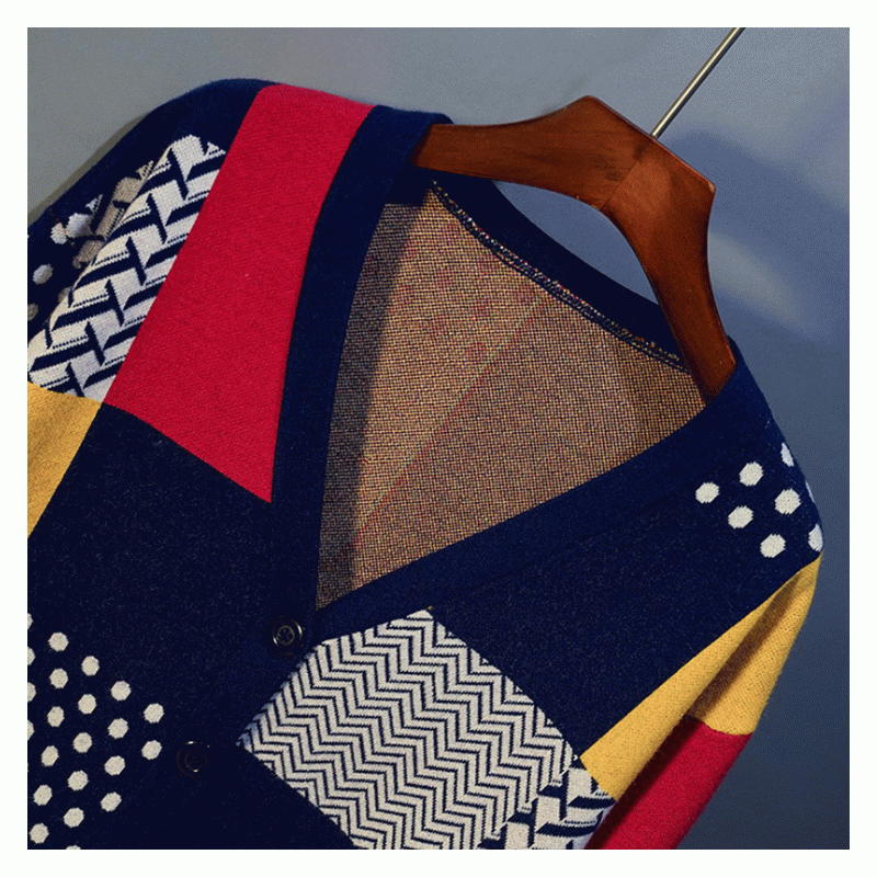 2019 Plus Størrelse Kontrastfarve Jacquard Winter Fall Ladies Cardigan Strik Sweater