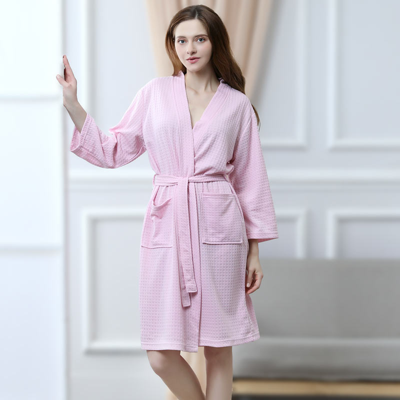 Dame vaffel fleece kjortel farve knelængde Kimono pyjamas