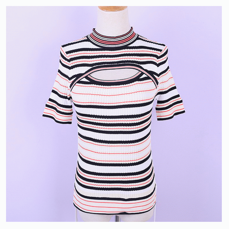 Sommer Bodycon Turtleneck Hole Center Ladies Stripe Thin Sweaters