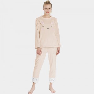 Kvinder Flanel Fleece Dyrebroderi Kanin Pyjamas Sæt