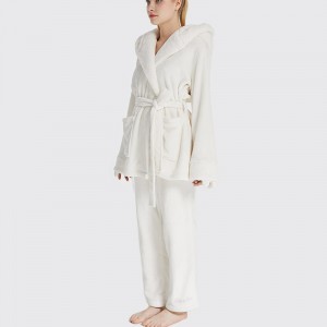 Kvinder Flanel Fleece Dyrebroderi Hooded Bear Pyjamas Sæt