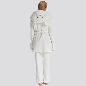 Kvinder Flanel Fleece Dyrebroderi Hooded Bear Pyjamas Sæt