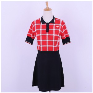 Brugerdefineret design Kortærmet Polo krave Kontrastfarver Plaids Office Ladies Strik Sweater kjole