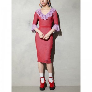 Tilpasset sommer kort flare ærme blonder fletninger kvinder blyant sweater strik kjole