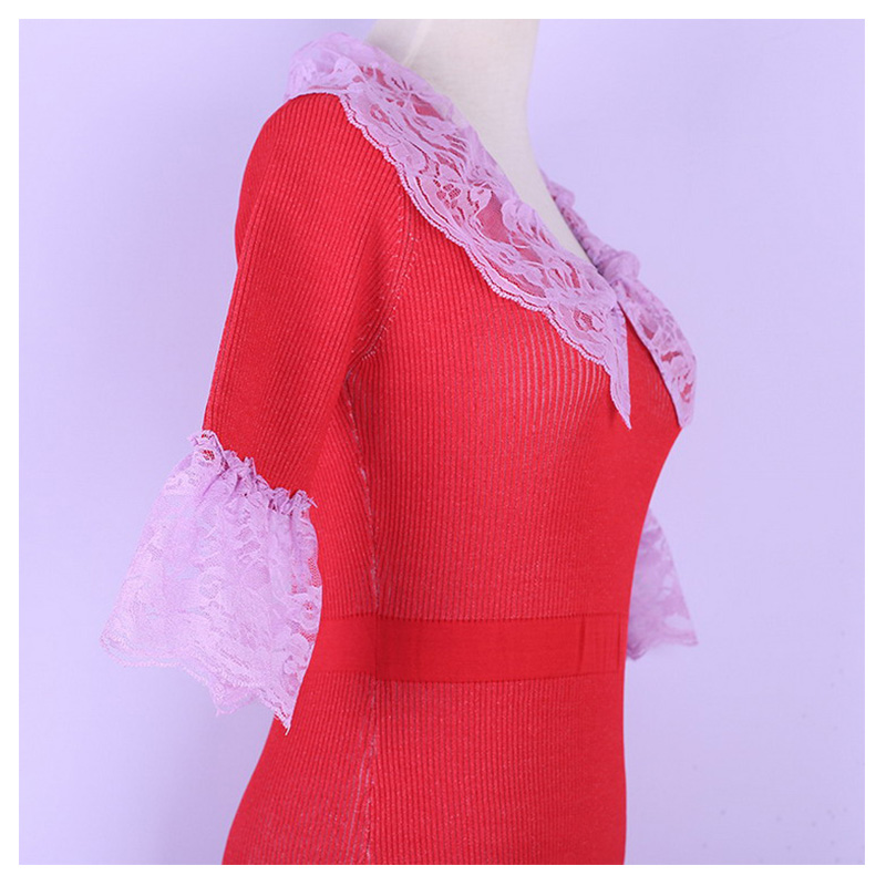 Tilpasset sommer kort flare ærme blonder fletninger kvinder blyant sweater strik kjole