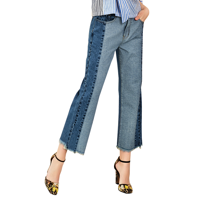 2019 Ny ankomst Mode Rough Selvedge Hem Splejsning Blå Denim Bukser Jeans Kvinder