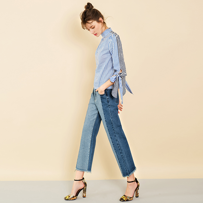2019 Ny ankomst Mode Rough Selvedge Hem Splejsning Blå Denim Bukser Jeans Kvinder