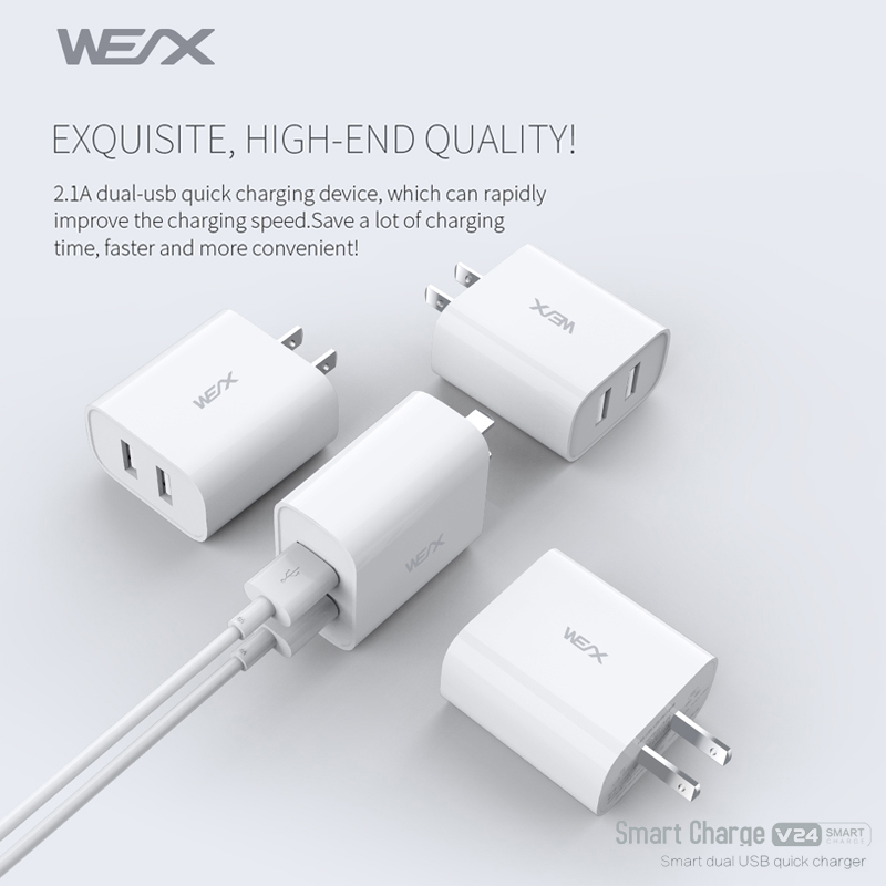WEX - V24 dobbelt usb rejselader, væg oplader, strømadapter