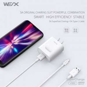 WEX - V50C 22.5W HUAWEI Superfast Charge strømadapter, væg oplader, rejselader parret med 5A kabel