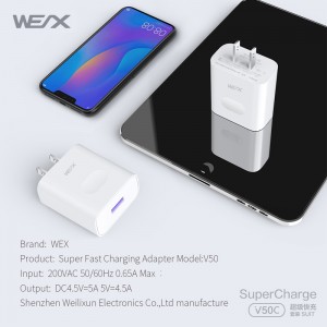 WEX - V50C 22.5W HUAWEI Superfast Charge strømadapter, væg oplader, rejselader parret med 5A kabel