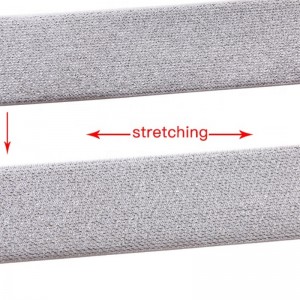 11 # Frostet sølvglitter God kvalitet Høj elasticitet Tilpasset vævet 1,8 tommer Webbing Elastisk tape Metallisk elastisk bånd