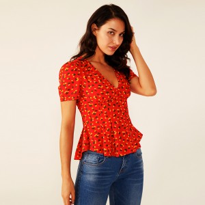 Kvinder Deep V Summer Red Ruffle Blomster-plisseret printbluse