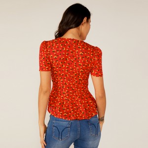 Kvinder Deep V Summer Red Ruffle Blomster-plisseret printbluse
