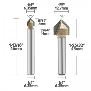 90-graders V rillevejsbit, titaniumbelagt hårdmetypet 2-fløjts CNC-indgraveringsbit Træbearbejdning Chamfer Bevel Cutter, 1/4-inch skaft