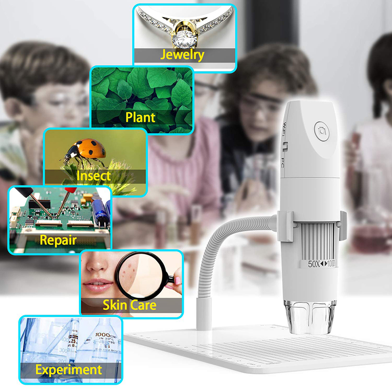 WiFi-mikroskop 50X til 1000X trådløst digitalt mikroskop, fleksibelt armobservation med 1080P HD 2.0 MP 8 LED-kamera, Mini håndholdt mikroskop til Android iOS PC
