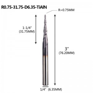 Tapered Ball Nose End Mill 1/4 X 3 inches with 0.75mm Ball Nose 4.36 Deg for CNC Machine Gravering Carving Bits