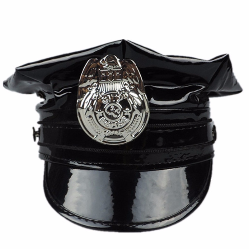 Hawk Hat Badge PVC PU læderkappe sort ottekantet læder politi cap læder militærkappe rollespil ensartet cap hovedbeklædning