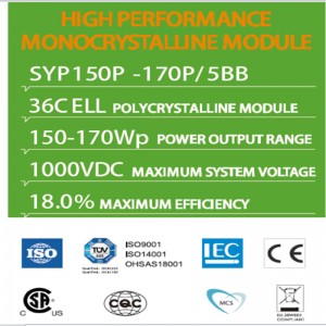 Høj ydeevne MONOCRYSTALLINE MODUL SYP150P -170P / 5BB 36C ELL POLYCRYSTALLINE MODUL