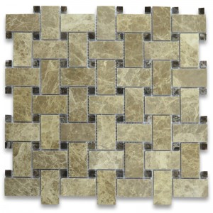 Emperador Light 1x2 Basketweave Mosaic Tile w Emperador Dark Dots Polished