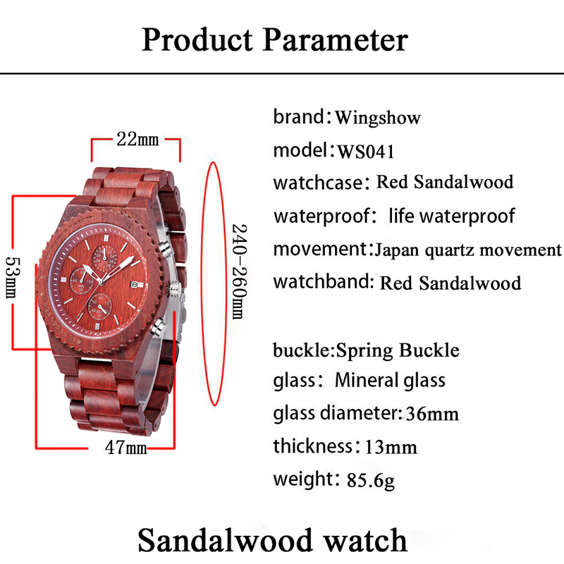 Rødt sandeltræ vandtæt ur med datovisning mode kvarts ure