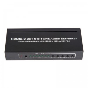 V2.0 HDMI 2x1 switcher og lydekstraktionsstøtte ARC Ultra HD 4Kx2K @ 60Hz HDCP2.2 18 Gbps