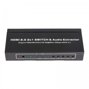 V2.0 HDMI 3x1 switcher og lydekstraktionsstøtte ARC Ultra HD 4Kx2K @ 60Hz HDCP2.2 18 Gbps
