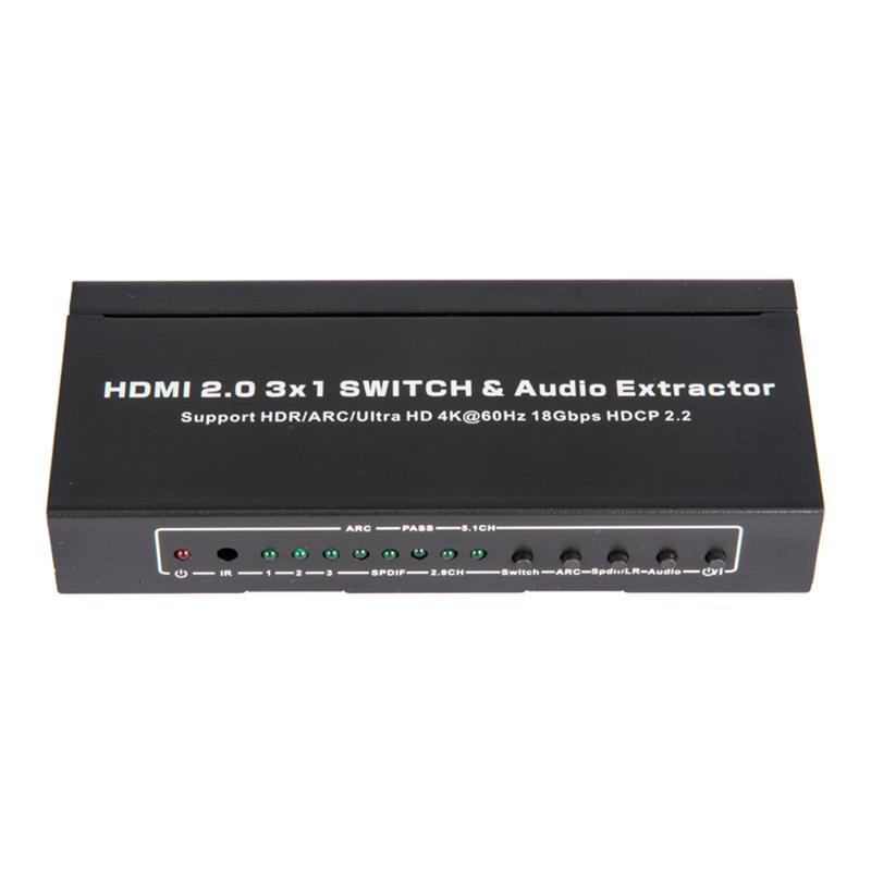 V2.0 HDMI 3x1 switcher og lydekstraktionsstøtte ARC Ultra HD 4Kx2K @ 60Hz HDCP2.2 18 Gbps