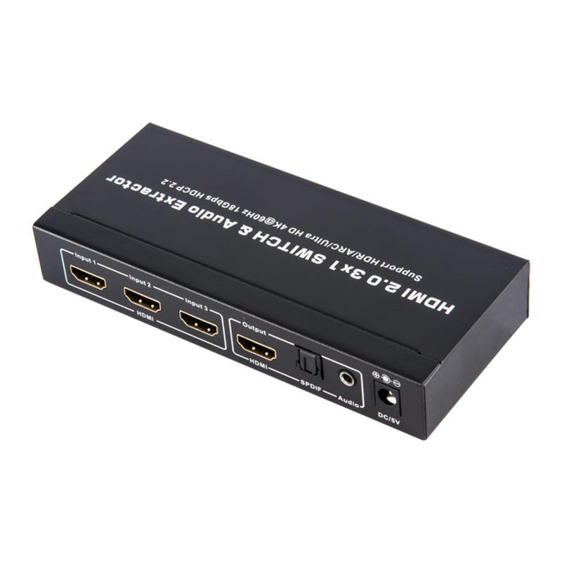 V2.0 HDMI 3x1 switcher og lydekstraktionsstøtte ARC Ultra HD 4Kx2K @ 60Hz HDCP2.2 18 Gbps