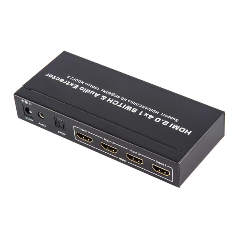 V2.0 HDMI 4x1 switcher og lydekstraktionsstøtte ARC Ultra HD 4Kx2K @ 60Hz HDCP2.2 18 Gbps