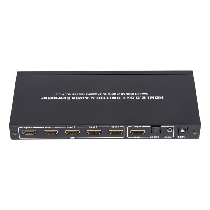 V2.0 HDMI 5x1 switcher og lydekstraktionsstøtte ARC Ultra HD 4Kx2K @ 60Hz HDCP2.2 18 Gbps