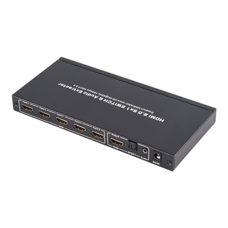 V2.0 HDMI 5x1 switcher og lydekstraktionsstøtte ARC Ultra HD 4Kx2K @ 60Hz HDCP2.2 18 Gbps